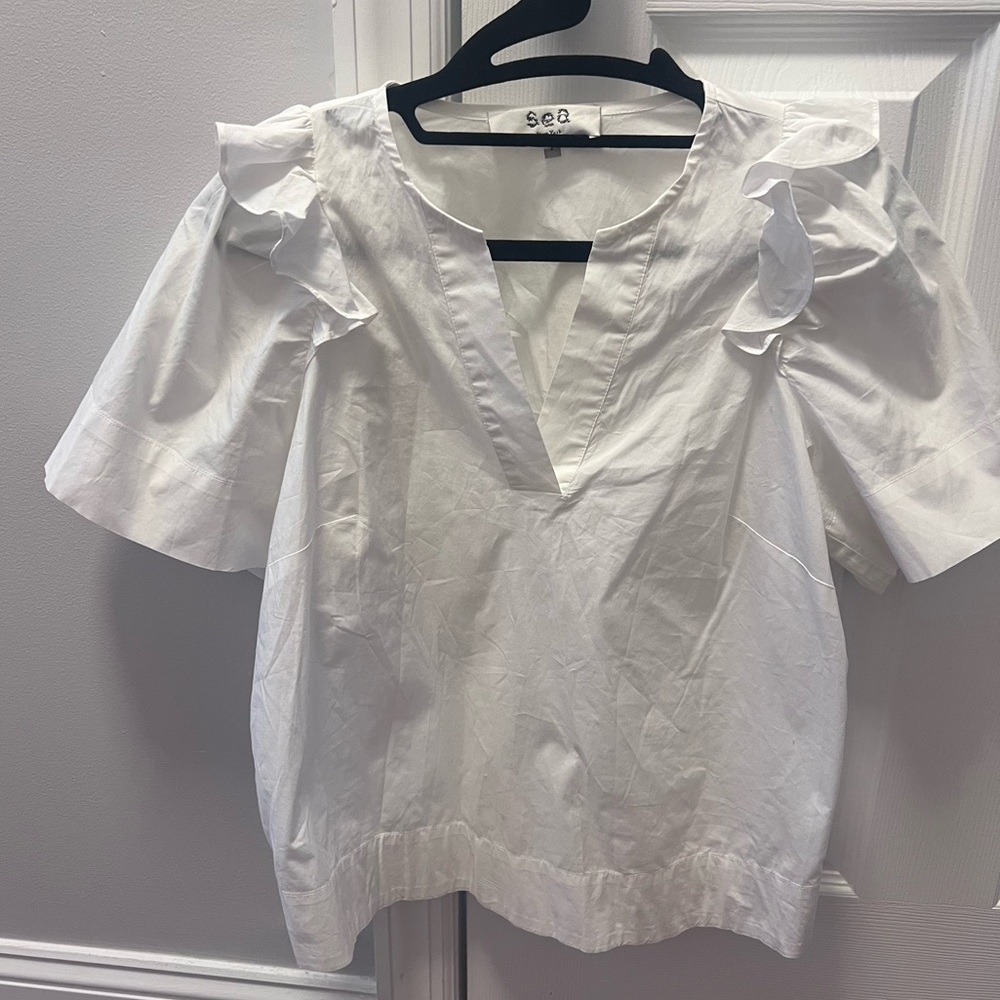 Sea New York Tuckernuck ruffle white short sleeve blouse